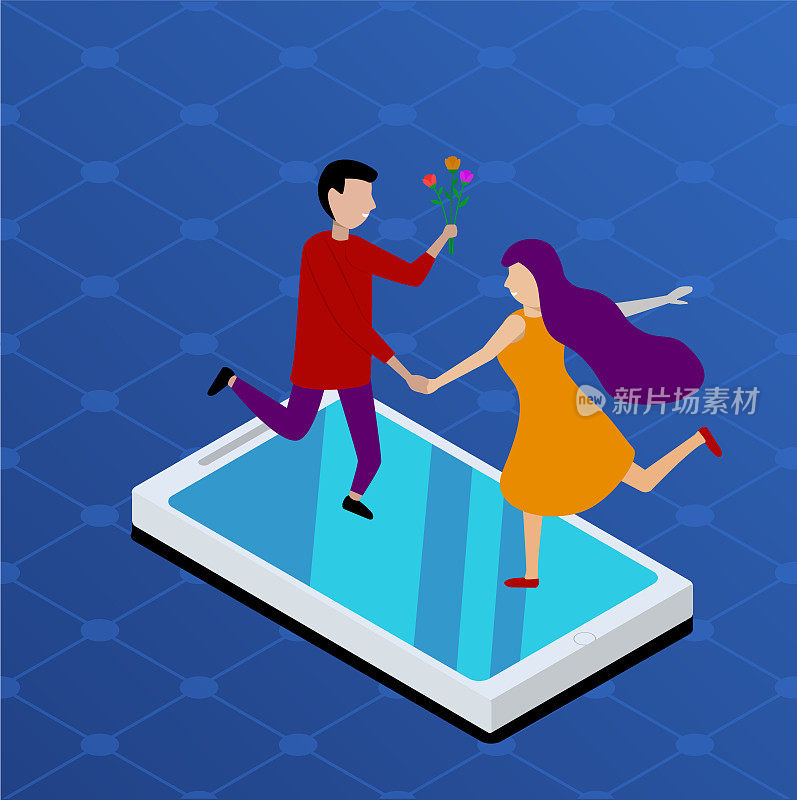 Flat isometric couple date on smartphones vector illustration. 3d isometry virtual mobile love and dating app concept. Man with flower bouquet and amazed red dressed chic.